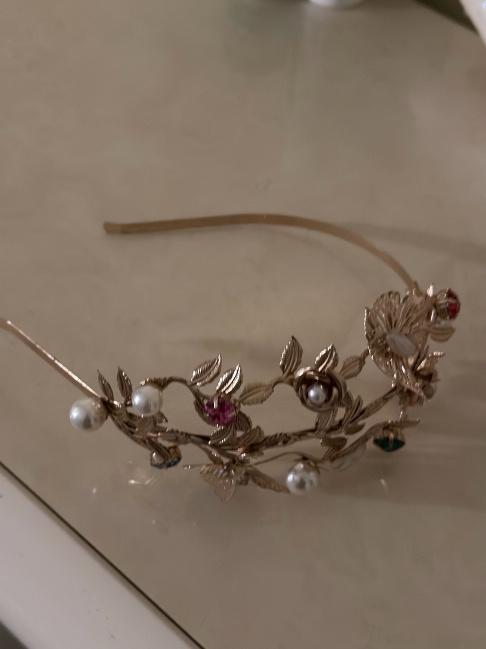 Gold-Tone Floral Pearl Headband with Multicolor Gem Accents. Head Coronet